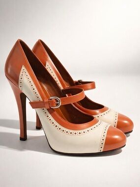 Barbara Bui Two-Tone Mary Jane 5” Heels, Brogue detail, Rust/Cream, 36.5, EUC